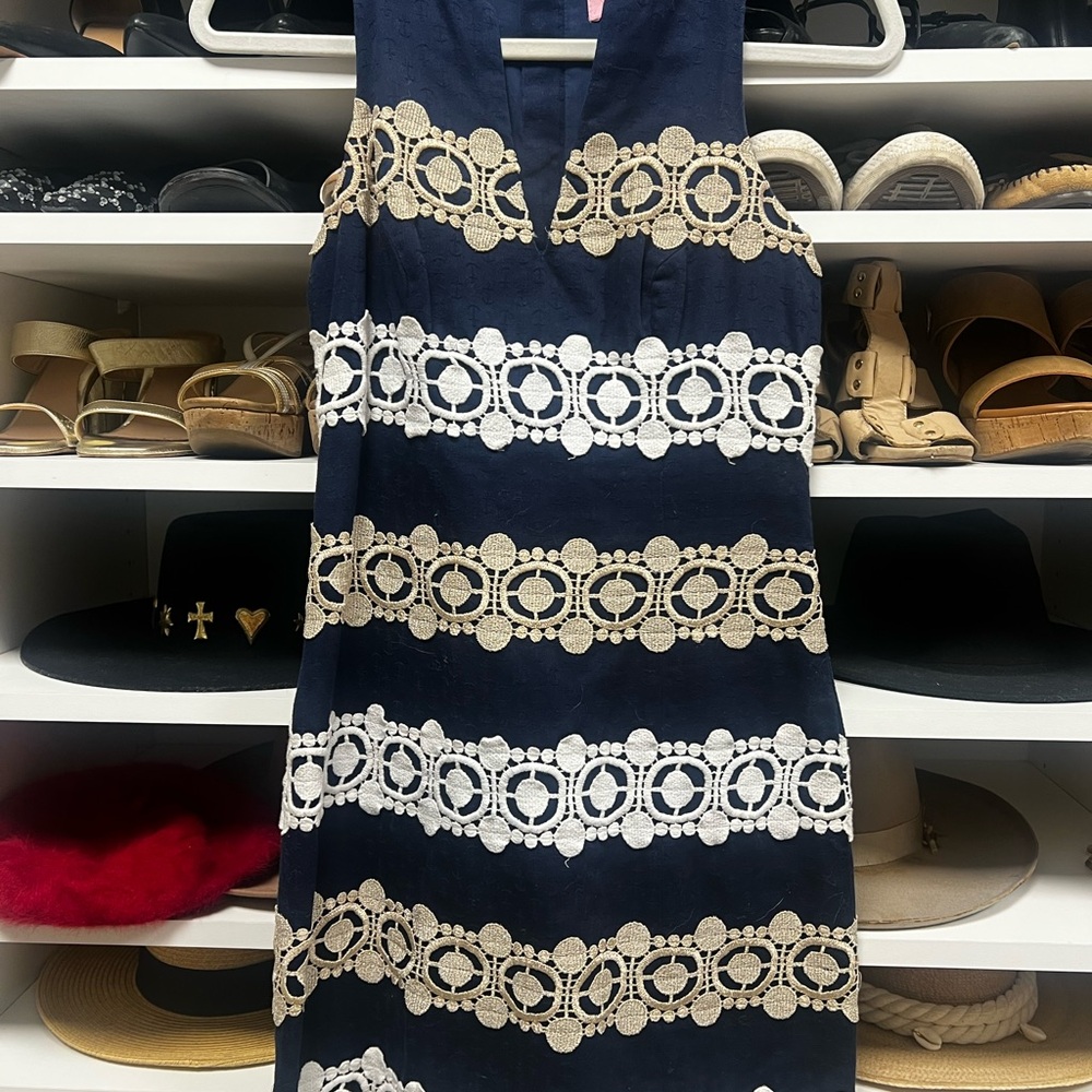 Lilly Pulitzer Navy, White, and Gold Lace Dress